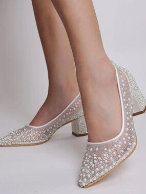 NIB Ereybe Pearl Bridal Heels – White Shimmer Block Pumps Sz 10
